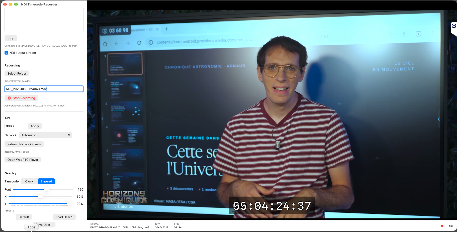 Réglages de l’overlay : mode de timecode, taille, position et presets.
