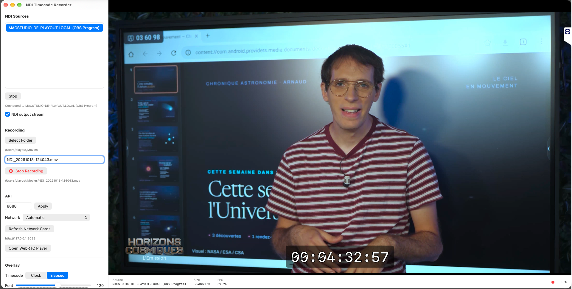 NDI Timecode Recorder enregistre une source NDI avec le timecode incrusté et une sortie NDI active.