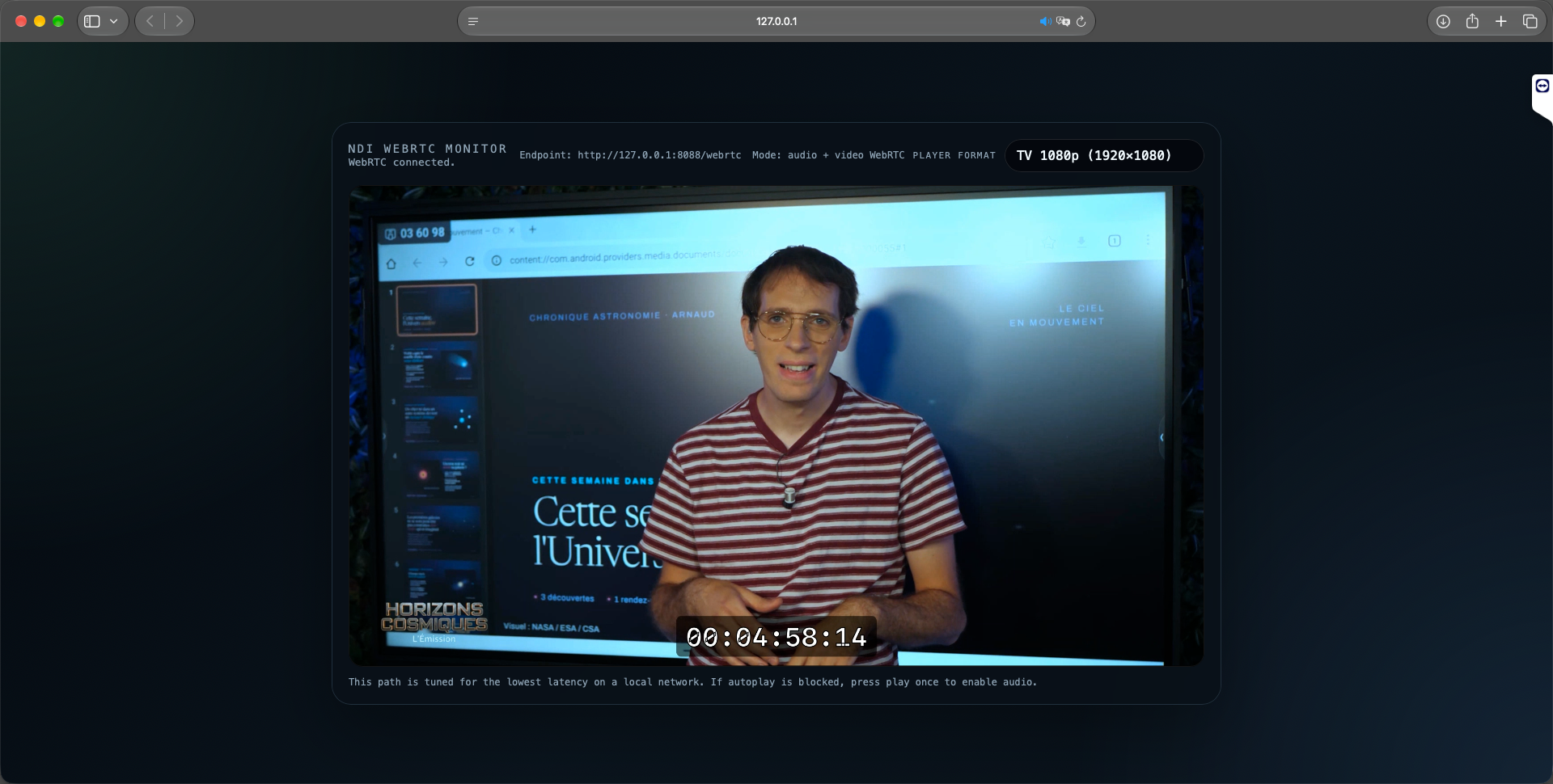 Monitoring WebRTC du flux NDI avec timecode dans un navigateur.